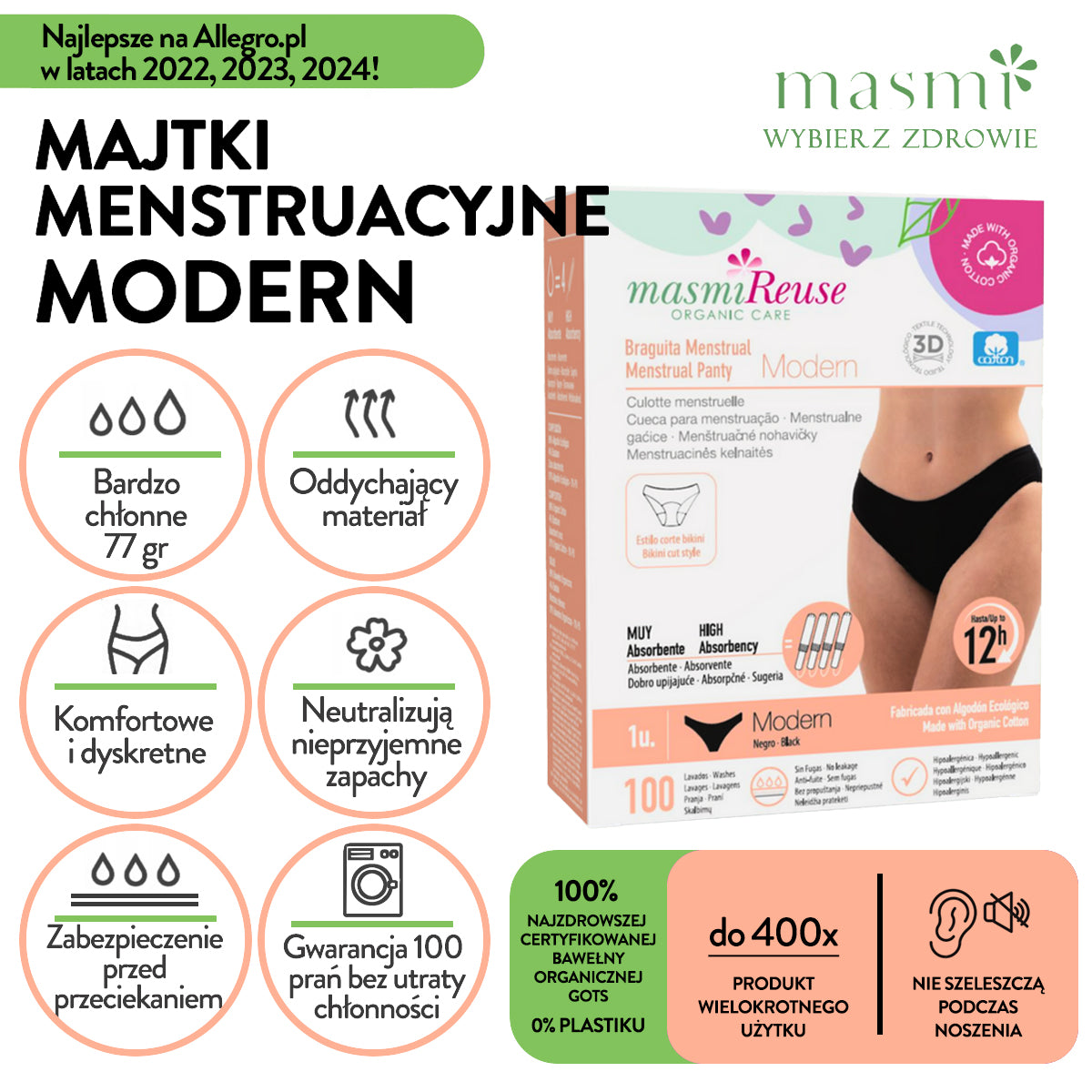 ZESTAW -3% 2 x Masmi Majtki menstruacyjne ekologiczne MODERN (rozmiary: S, M, L, XL), 100% bawełna BIO
