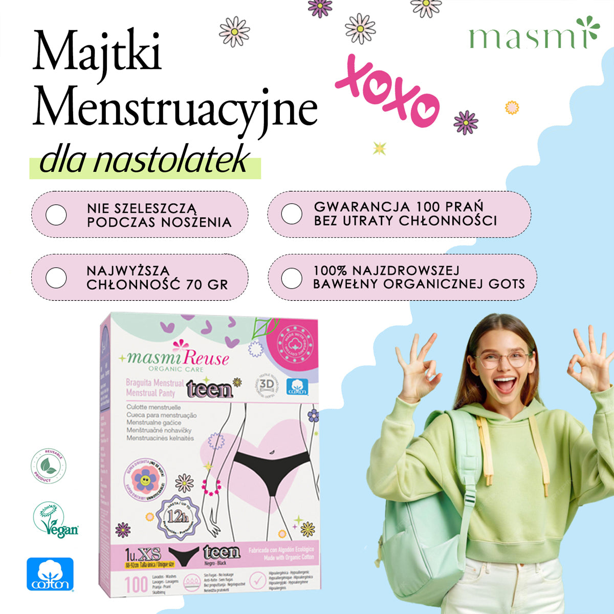 SADA -3 % 2 × Masmi Ekologické menstruační kalhotky PRO NÁCTILETÉ XS 100% BIO bavlna