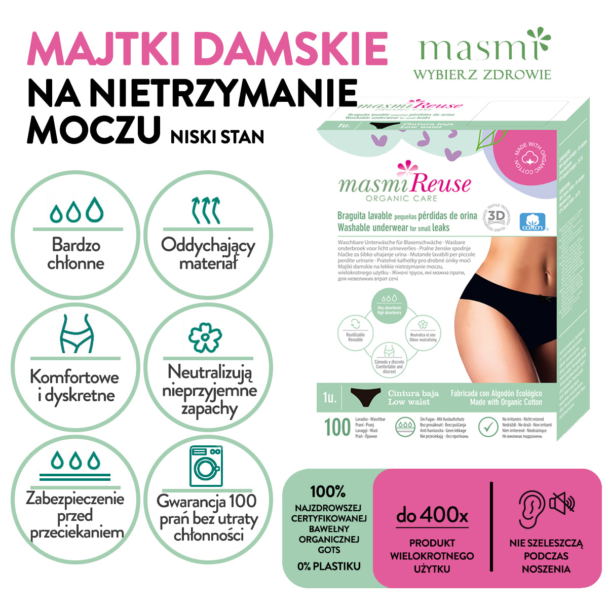 Masmi Period Underwear with double absorption (120 g absorbency), low rise (sizes: S, M, L and XL) 1 piece.
