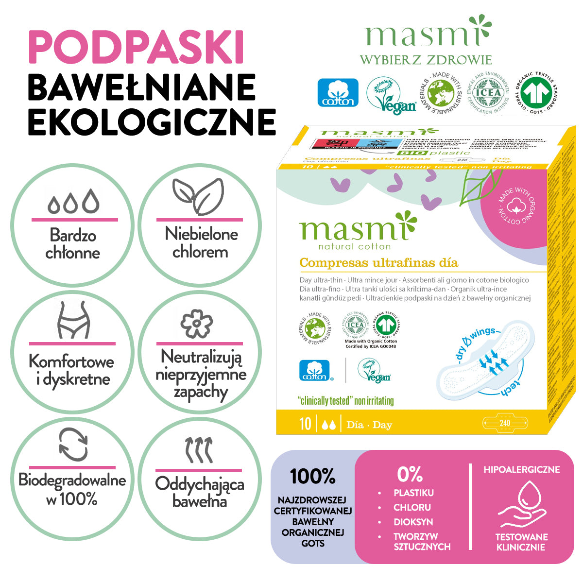 Masmi Ultratenké bavlněné denní vložky s křidélky, 100% organická bavlna 10 ks