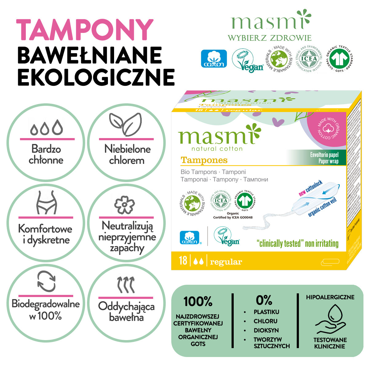 Masmi Organic Regular Tampons, Non-Applicator, 100% Cotton 18 pcs