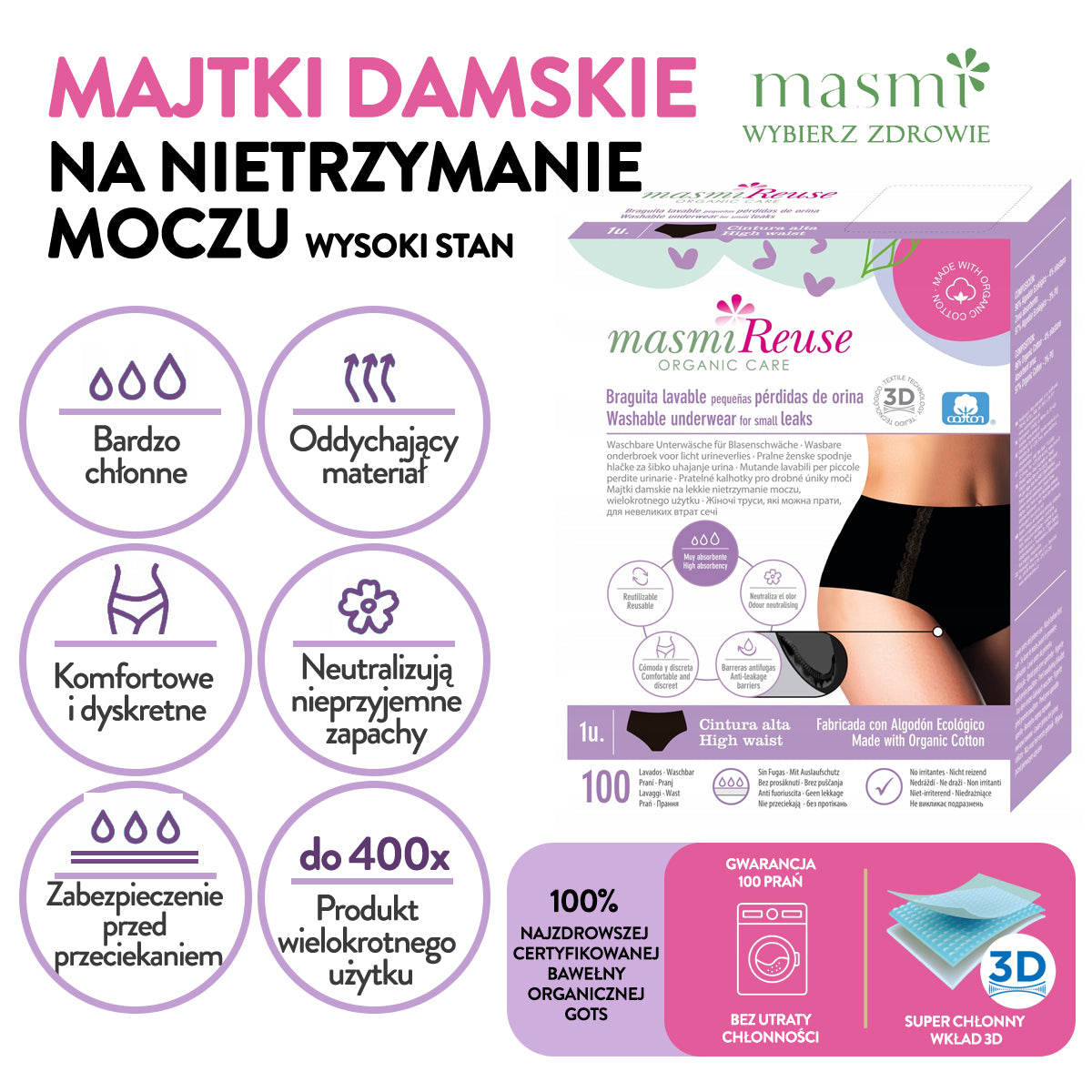 Masmi Menstruační kalhotky s trojitou savostí (166 g savost), vysoký pas (velikosti: S, M, L, XL) 1 ks.