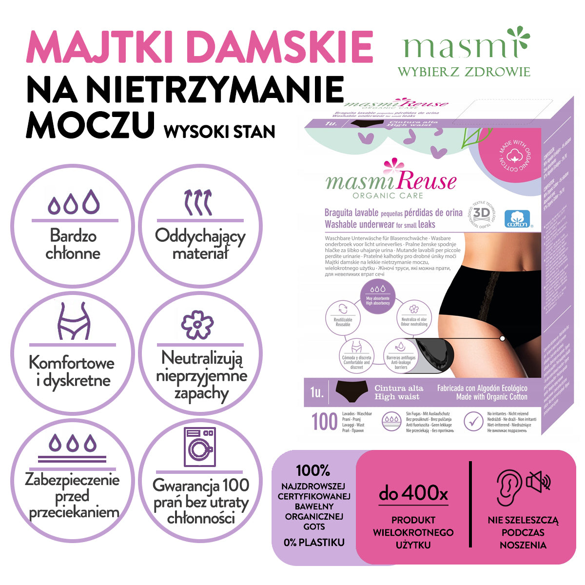 ZESTAW -3% 2 x Masmi Majtki menstruacyjne ekologiczne potrójna chłonność 166 g/wysoki stan (rozmiar: S, M, L, XL)