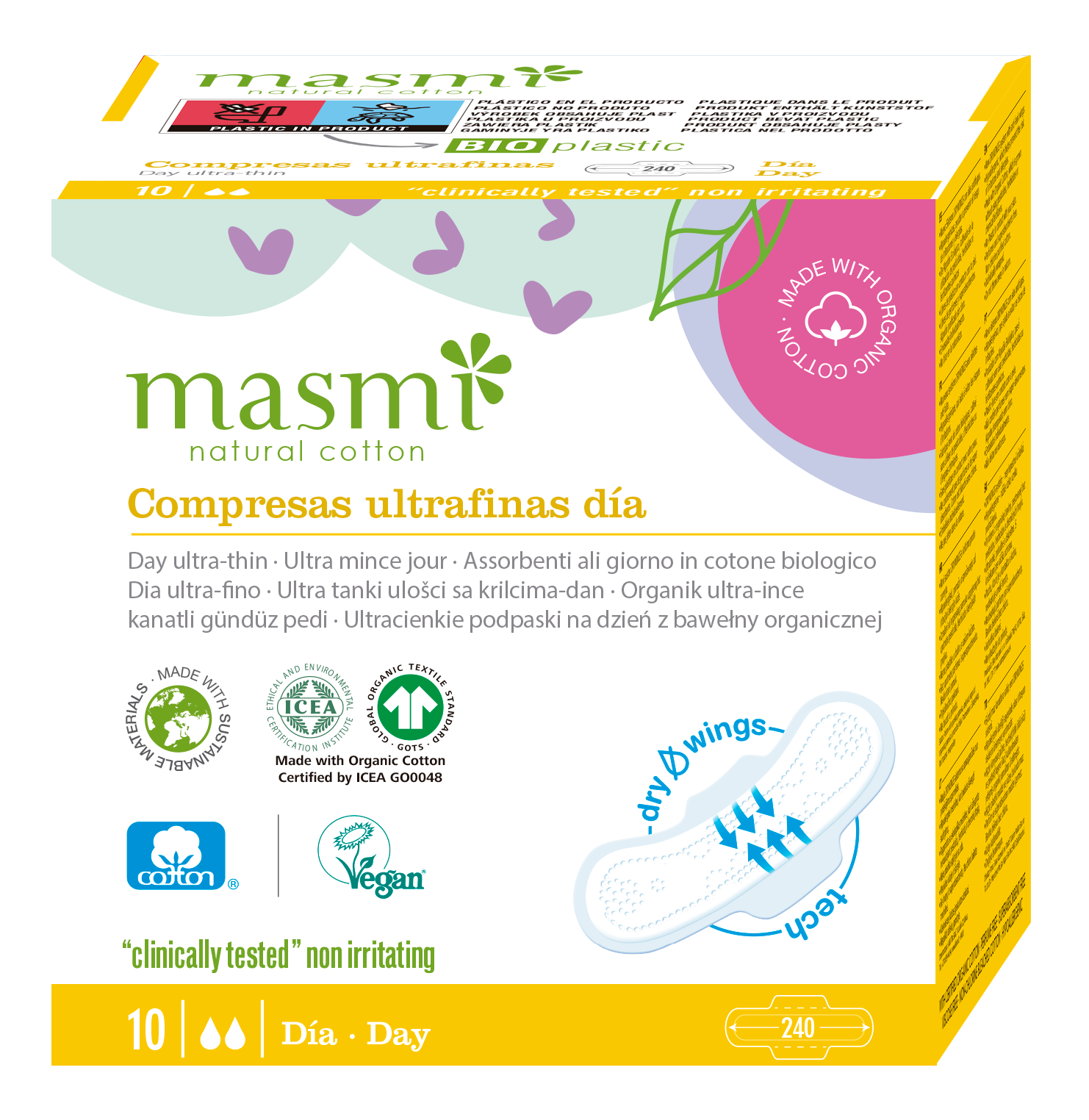 Masmi Ultracienkie bawełniane podpaski na dzień ze skrzydełkami, 100% bawełny organicznej 10 szt.