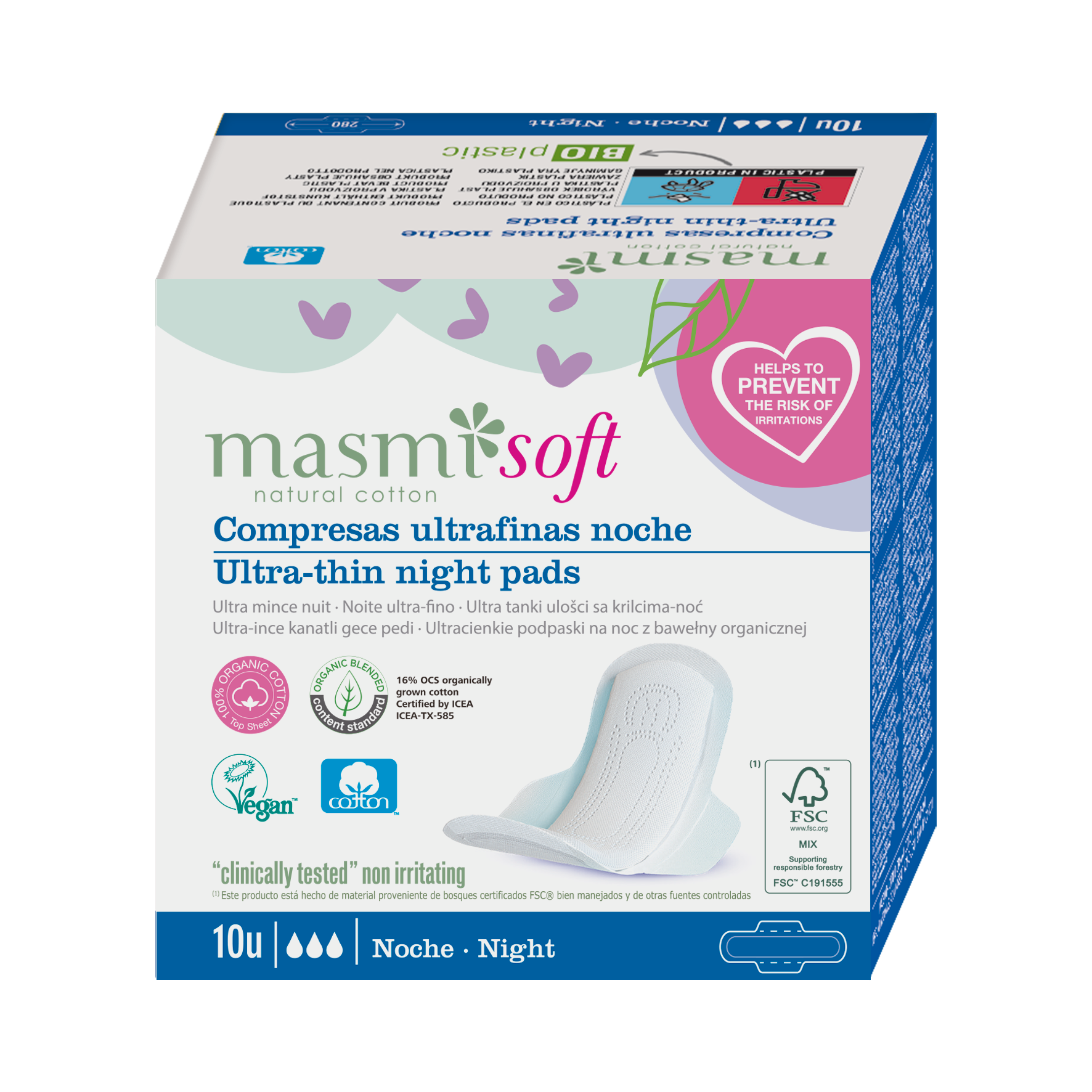 Bio-Damenbinden aus chlorfreier Baumwolle SOFT für die Nacht Masmi 100% BIO 10 Stück