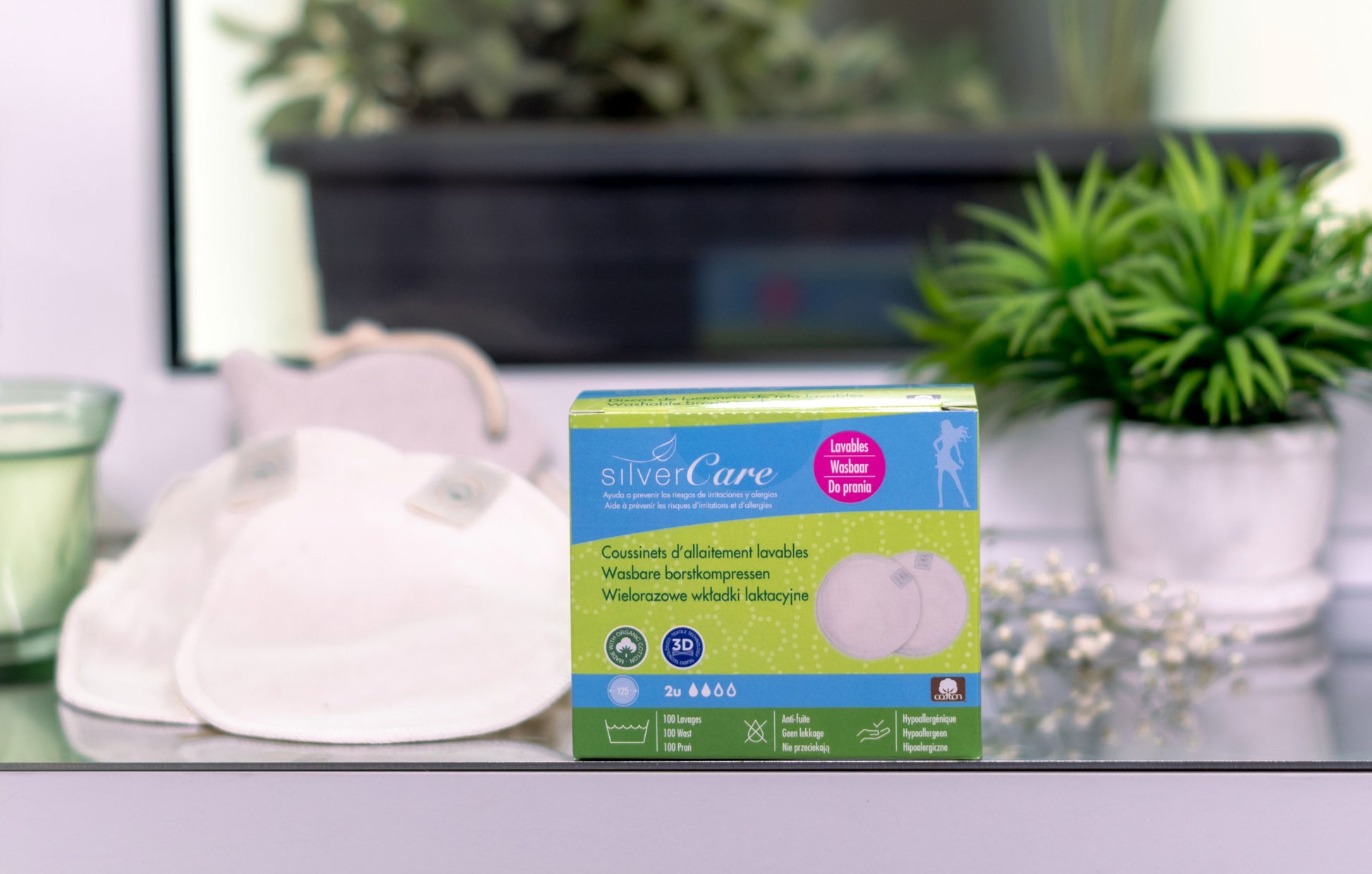 Znovupoužitelné ekologické prsní vložky Silver Care 100% bavlna 2 ks.