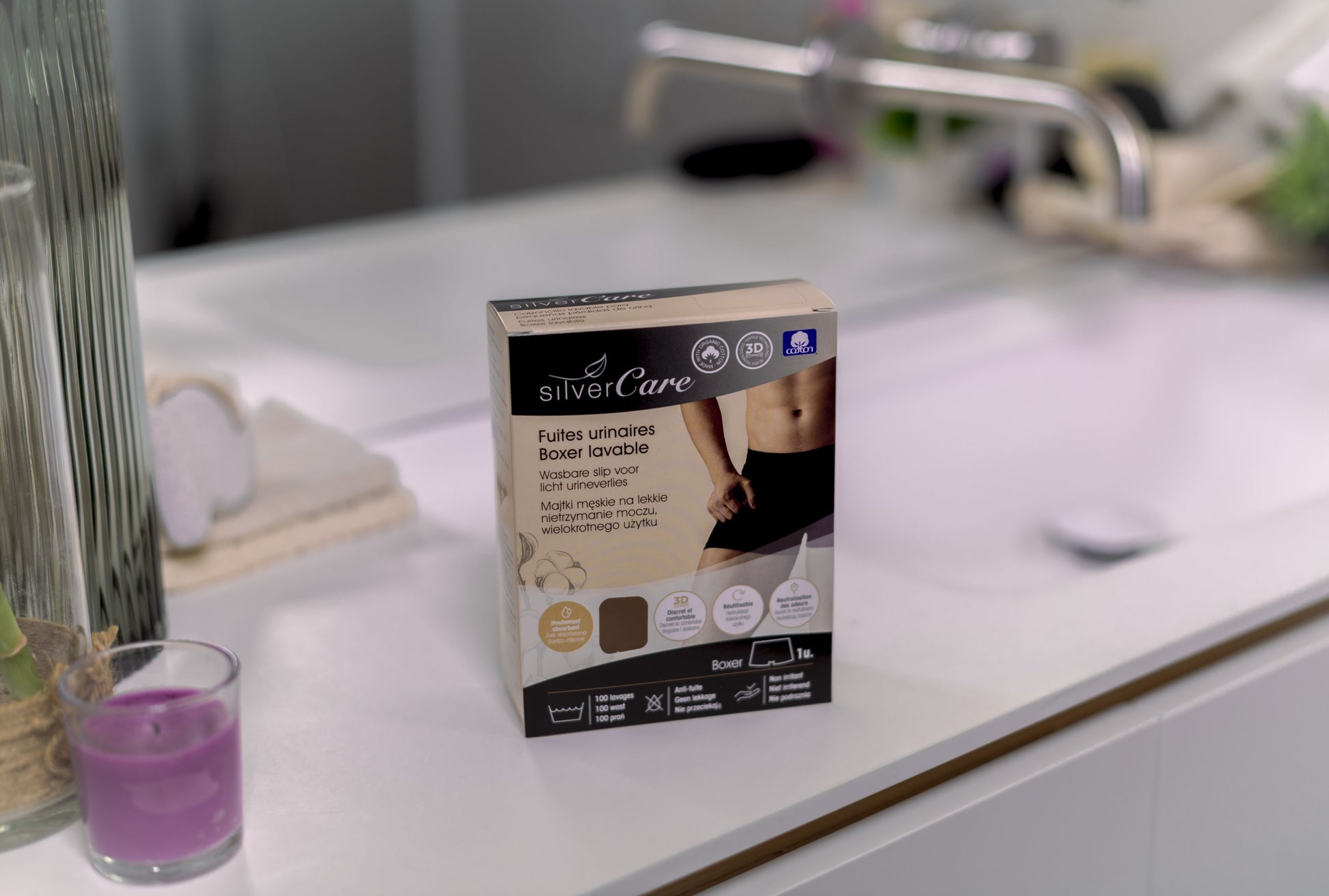 Silver Care Men's Boxer Briefs for Urinary Incontinence (sizes: S, M, L, XL), 100% organic cotton 1 piece.