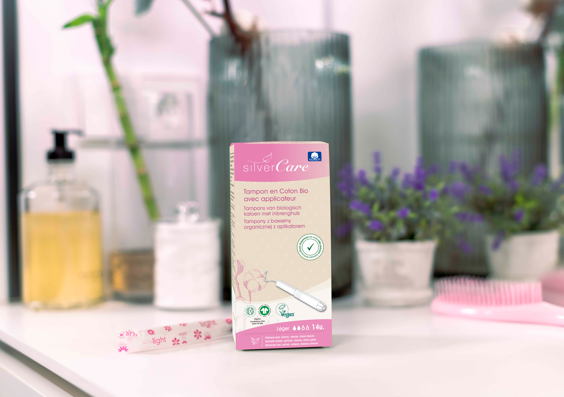 Organic chlorine-free cotton tampons Light (with applicator) Silver Care BIO 18 pcs