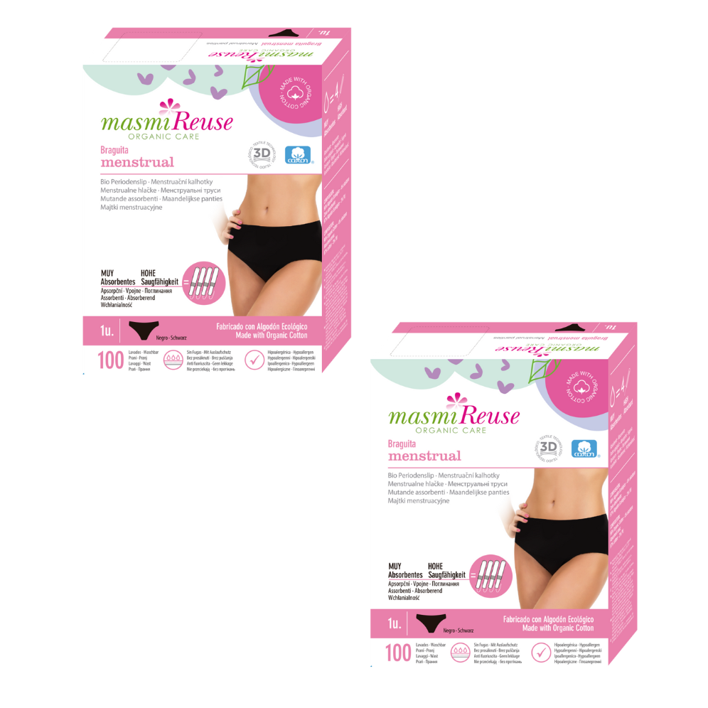 SET -3% 2 x Masmi Periodenunterwäsche CLASSIC hoher Bund (Größen: S, M, L, XL), 100% Bio-Baumwolle