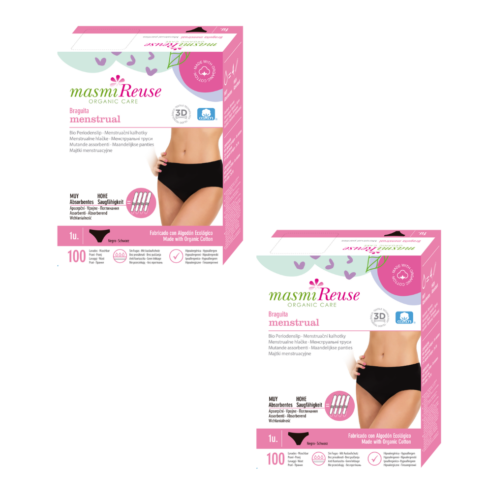 SADA -3% 2 x Masmi Menstruační kalhotky CLASSIC s vysokým pasem (velikosti: S, M, L, XL), 100% organická bavlna