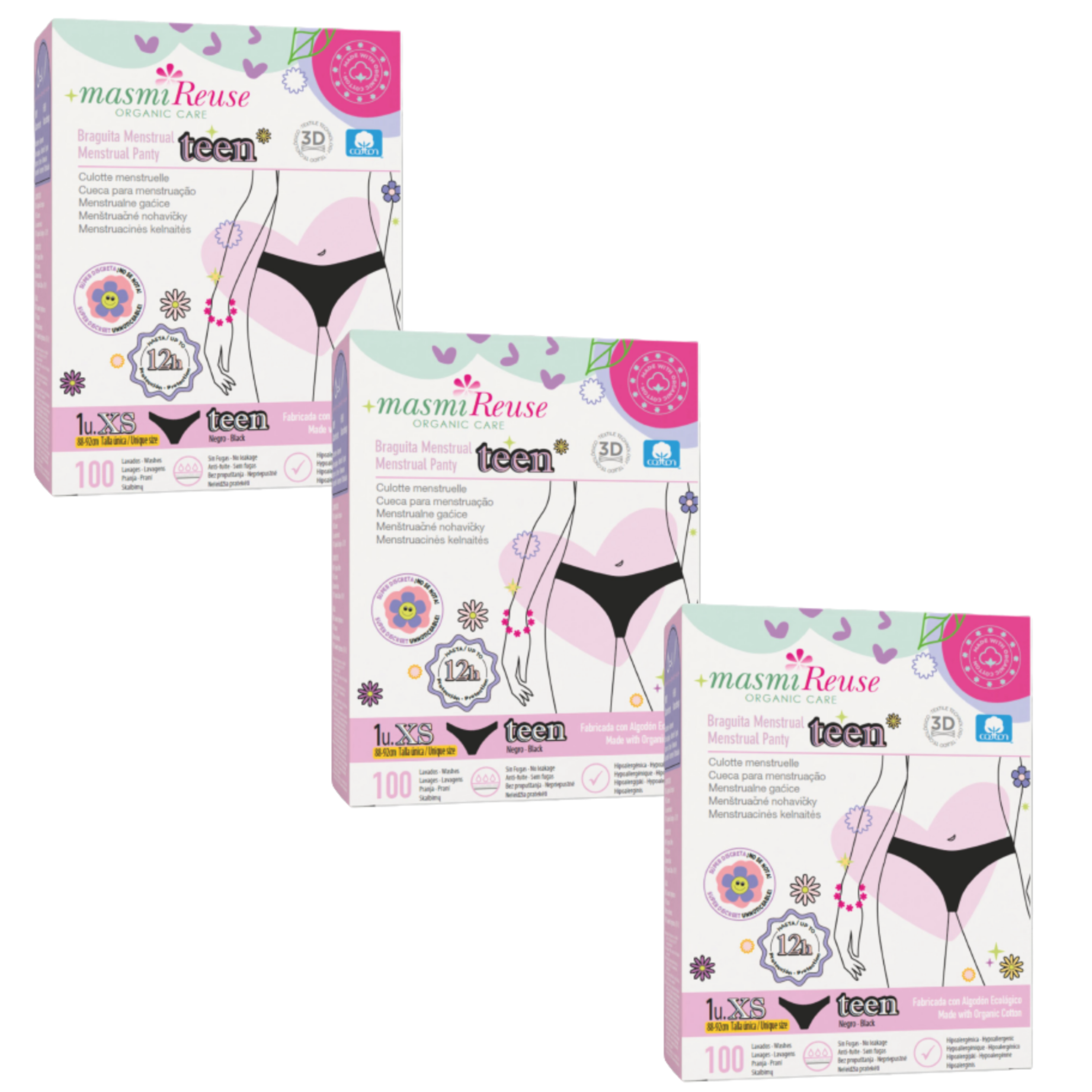 SET -5% 3 x Masmi ökologische Periodenunterwäsche FÜR TEENAGER XS 100% BIO-Baumwolle