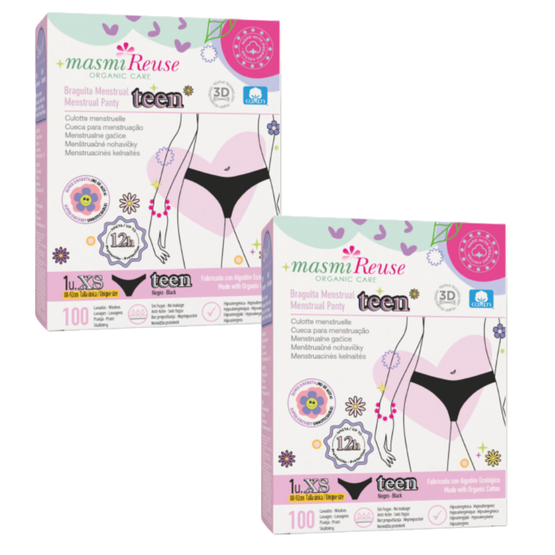 SET -3% 2 x Masmi ökologische Periodenunterwäsche FÜR TEENAGER XS 100% BIO-Baumwolle