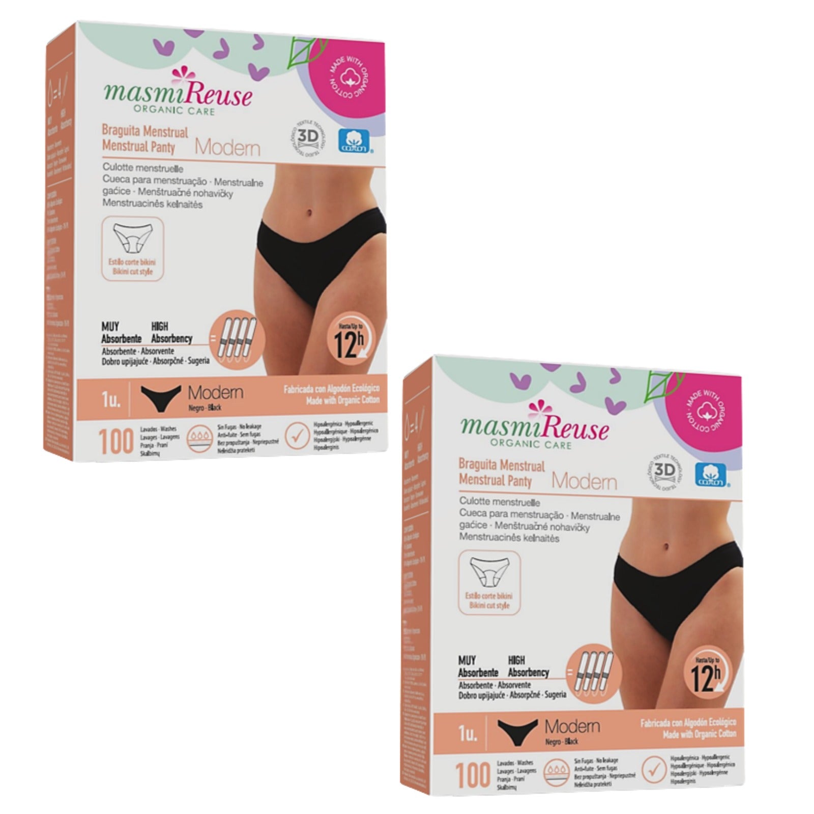 ZESTAW -3% 2 x Masmi Majtki menstruacyjne ekologiczne MODERN (rozmiary: S, M, L, XL), 100% bawełna BIO