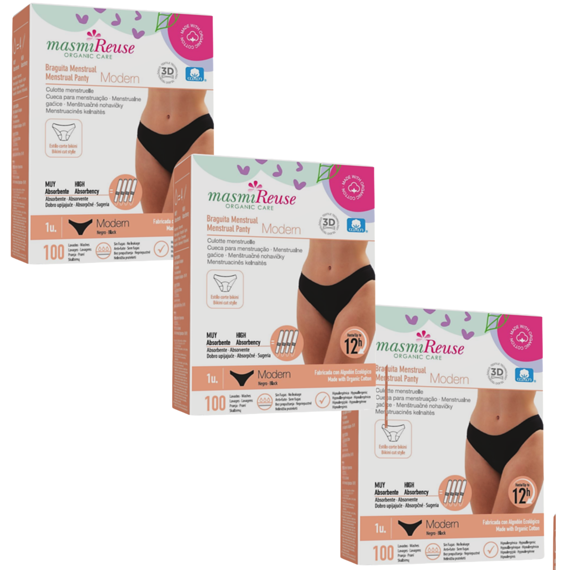 SADA -5% 3 x Masmi Ekologické menstruační kalhotky MODERN (velikosti: S, M, L, XL) 100% BIO bavlna