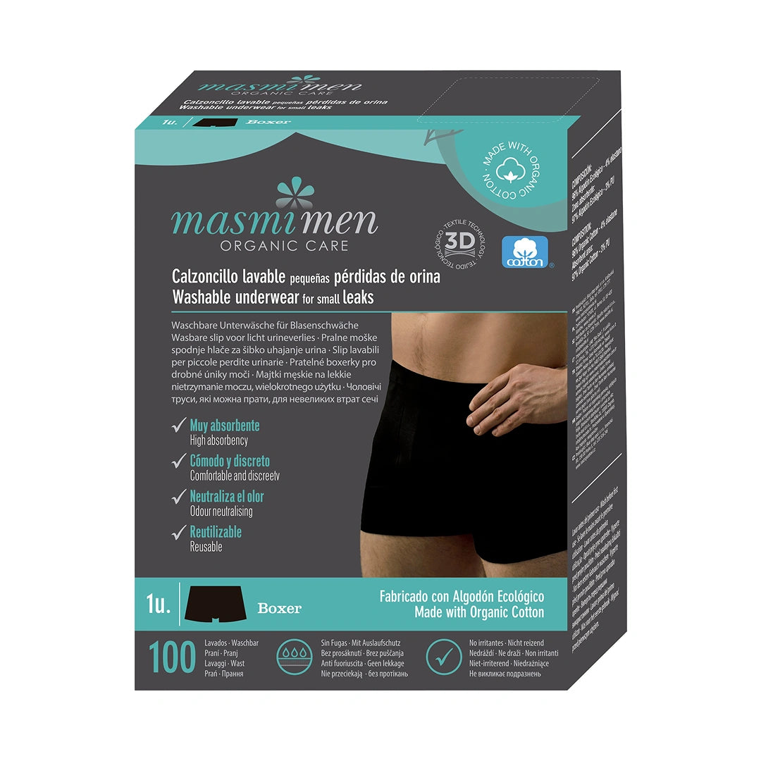 Masmi Men's incontinence briefs (sizes: S, M, L, XL), 100% organic cotton 1 piece.