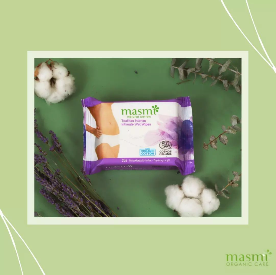 Moist hygienic intimate wipes organic Masmi 100% cotton 20 pieces.
