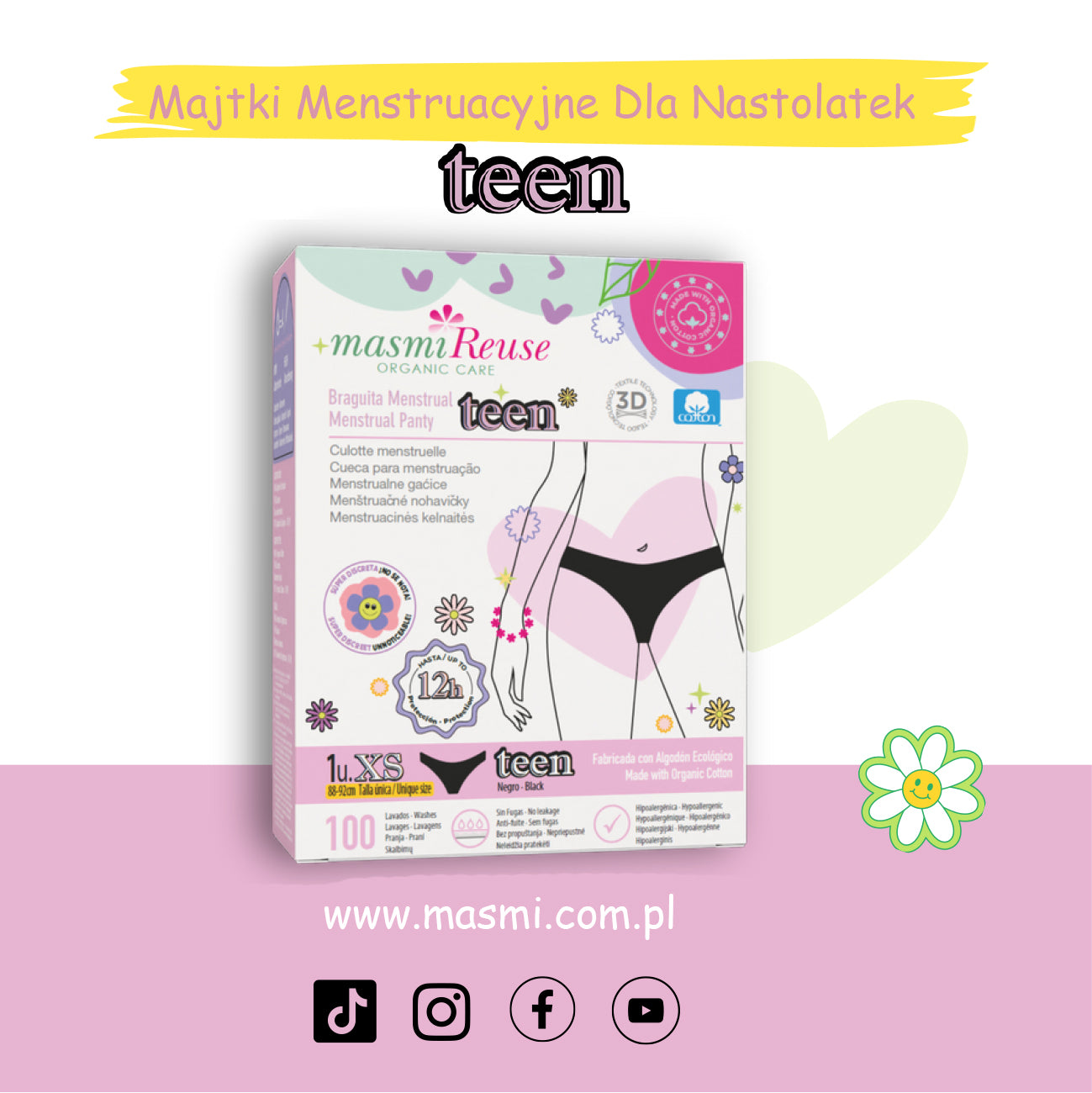 SADA -3 % 2 × Masmi Ekologické menstruační kalhotky PRO NÁCTILETÉ XS 100% BIO bavlna