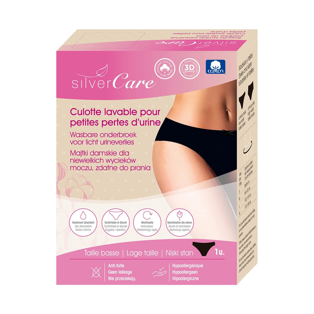 Silver Care Women's Incontinence Underwear – Low Rise (sizes: S, M, L, XL), 100% organic cotton 1 piece.