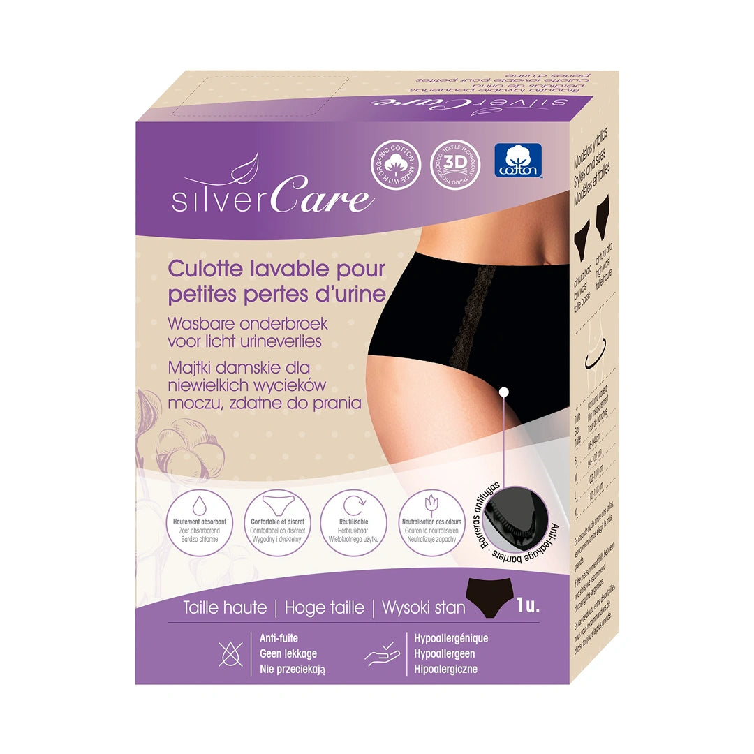 Silver Care Women's Incontinence Underwear – high waist (sizes: S, M, L, XL), 100% organic cotton 1 piece.
