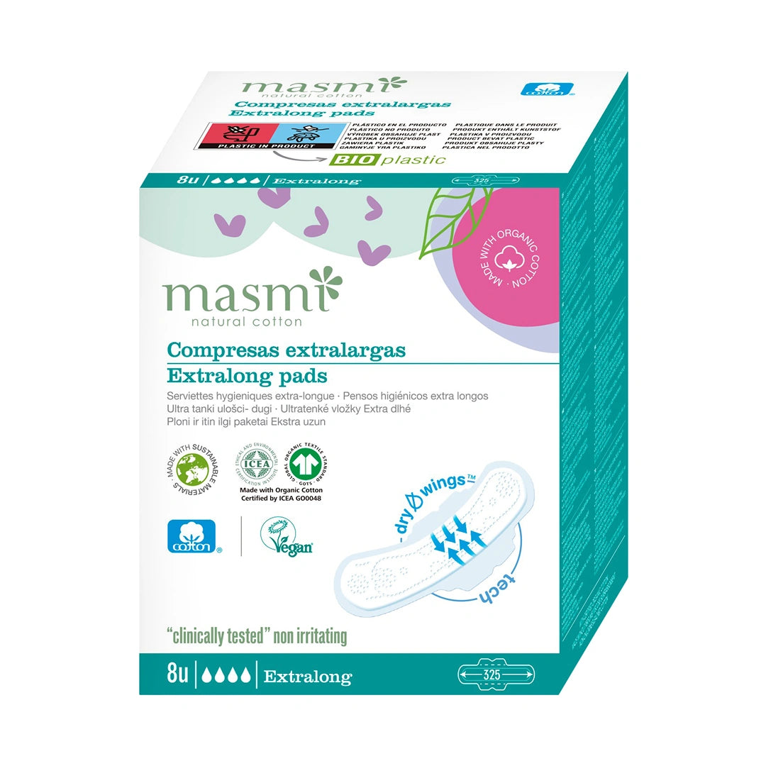 Masmi Ekstradługie podpaski o zwiększonej chłonności, 100% bawełny organicznej 8 szt.