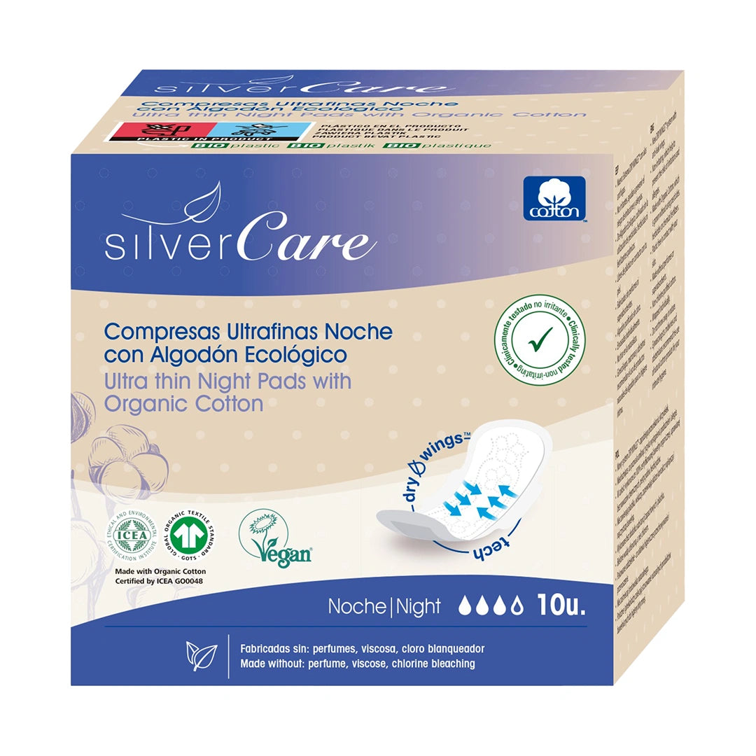 Organic chlorine-free 100% cotton night pads Silver Care BIO 10 pieces
