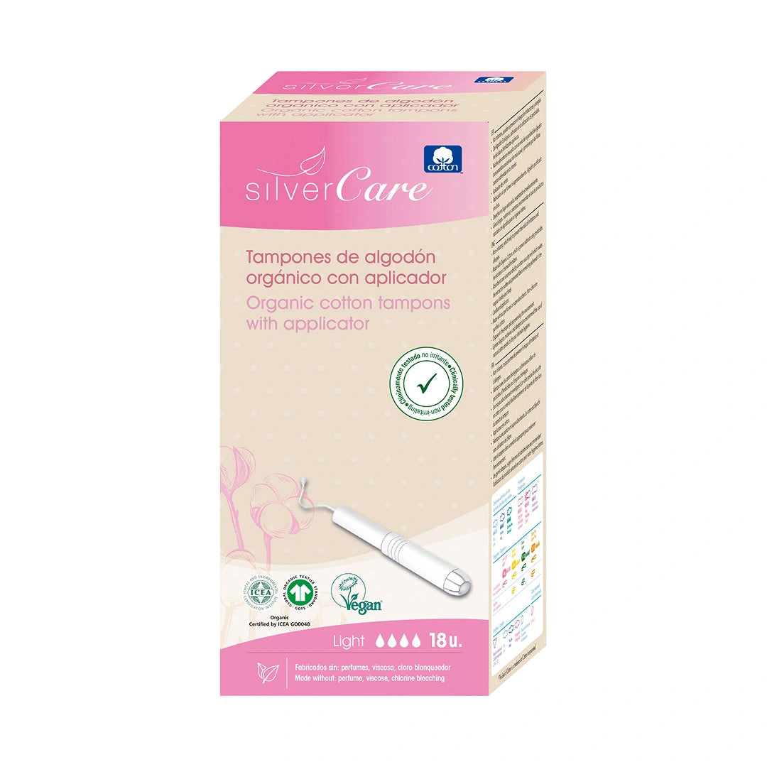 Organic chlorine-free cotton tampons Light (with applicator) Silver Care BIO 18 pcs