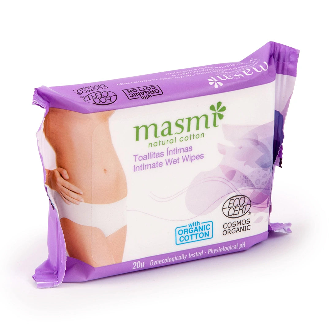 Moist hygienic intimate wipes organic Masmi 100% cotton 20 pieces.